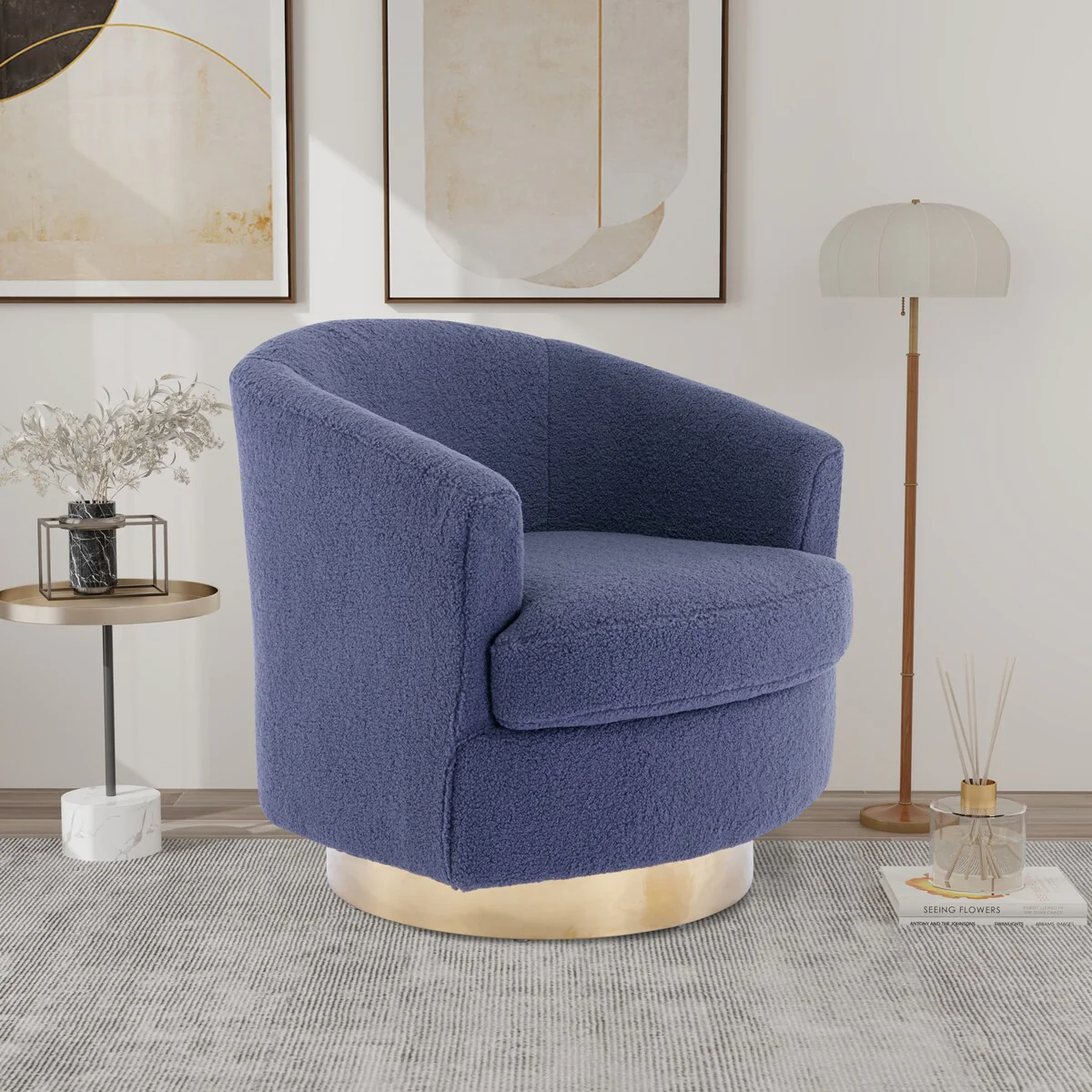Boucle Swivel Accent Barrel Chair Modern Comfy Sofa With Gold Stainless Steel Base for Living Room