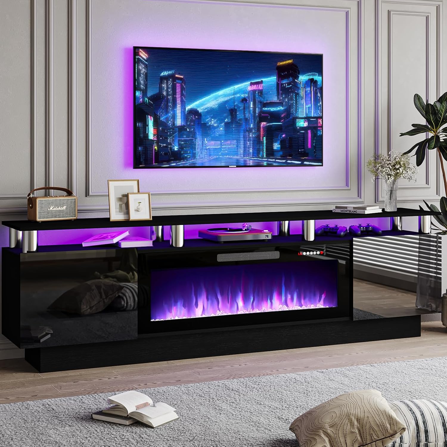 70 Modern Fireplace TV Stand with 36 Electric Fireplace for TVs Up to 80 inch, Luxury LED Light Entertainment Center with High Gloss Cabinet, TV Consoles for Living Room, Black