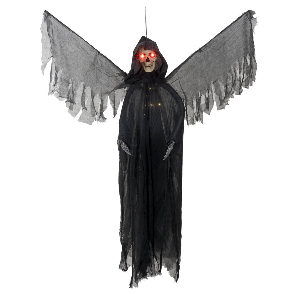 Squelette volant à suspendre lumineux noir yeux rouges 120xH170cm