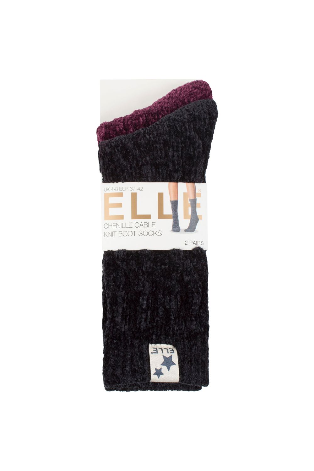 ELLE 2 Pair Cable Knit Chenille Boot Socks