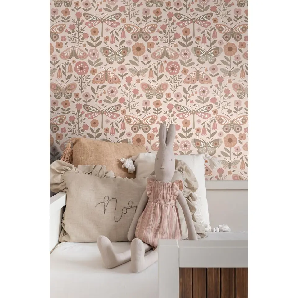 ESTAhome behang bloemen & vlinders beige, groen en oudroze - 50 x 900 cm