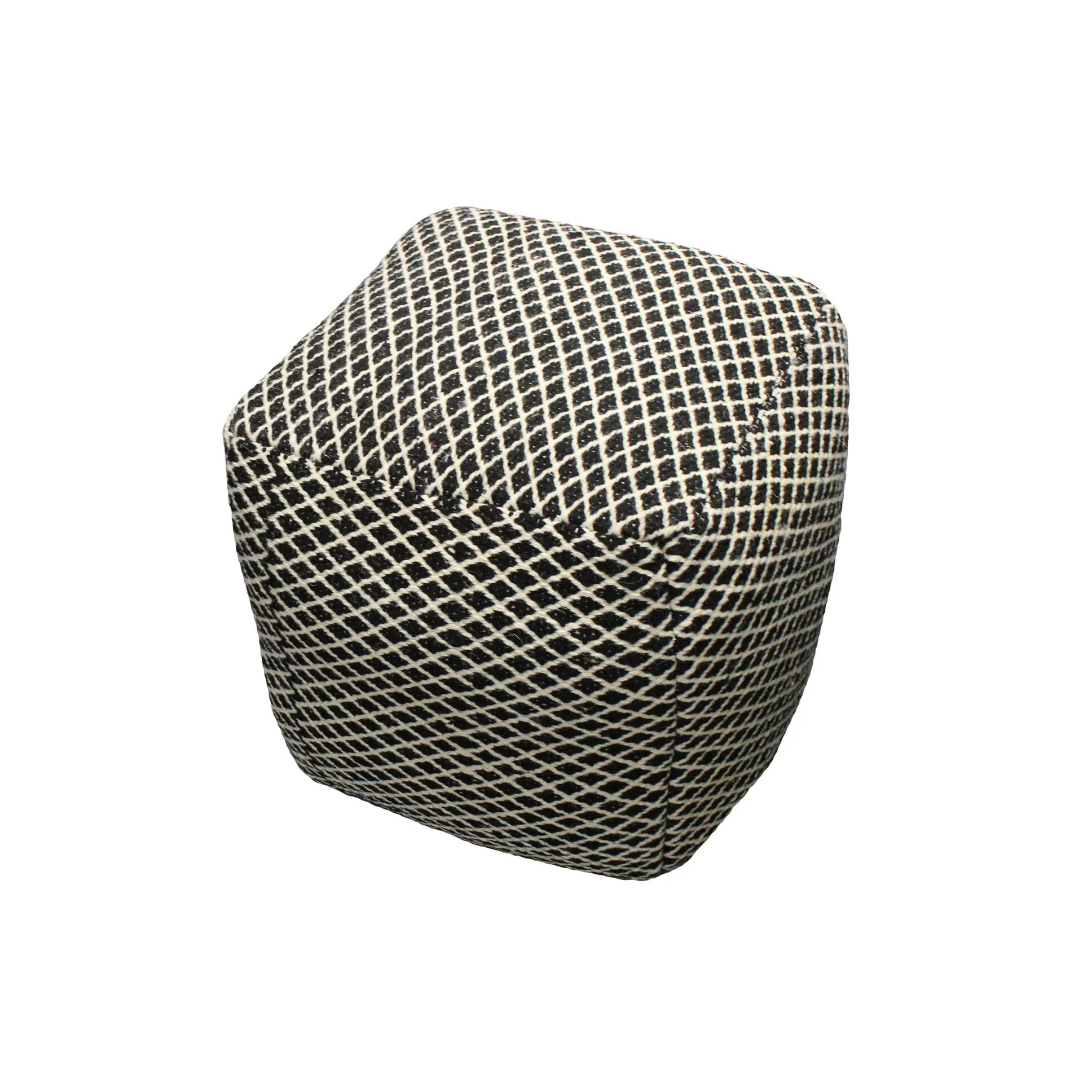 HomeRoots 18 Black and Ivory Wool Cube Geometric Pouf Ottoman