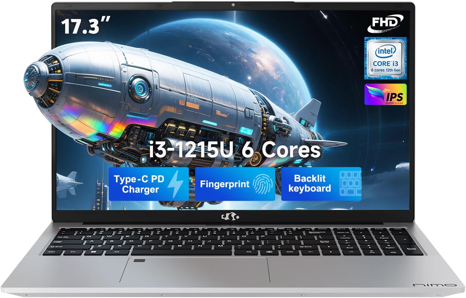 NIMO 17.3 IPS FHD Laptop  Intel 6 Cores i3-1215U 16GB RAM 512GB SSD (Beat Ryzen 5 7520U  Up to 4.4GHz) Computer with 65W Type C Backlit Keyboard Fingerprint  for Home Student and Business