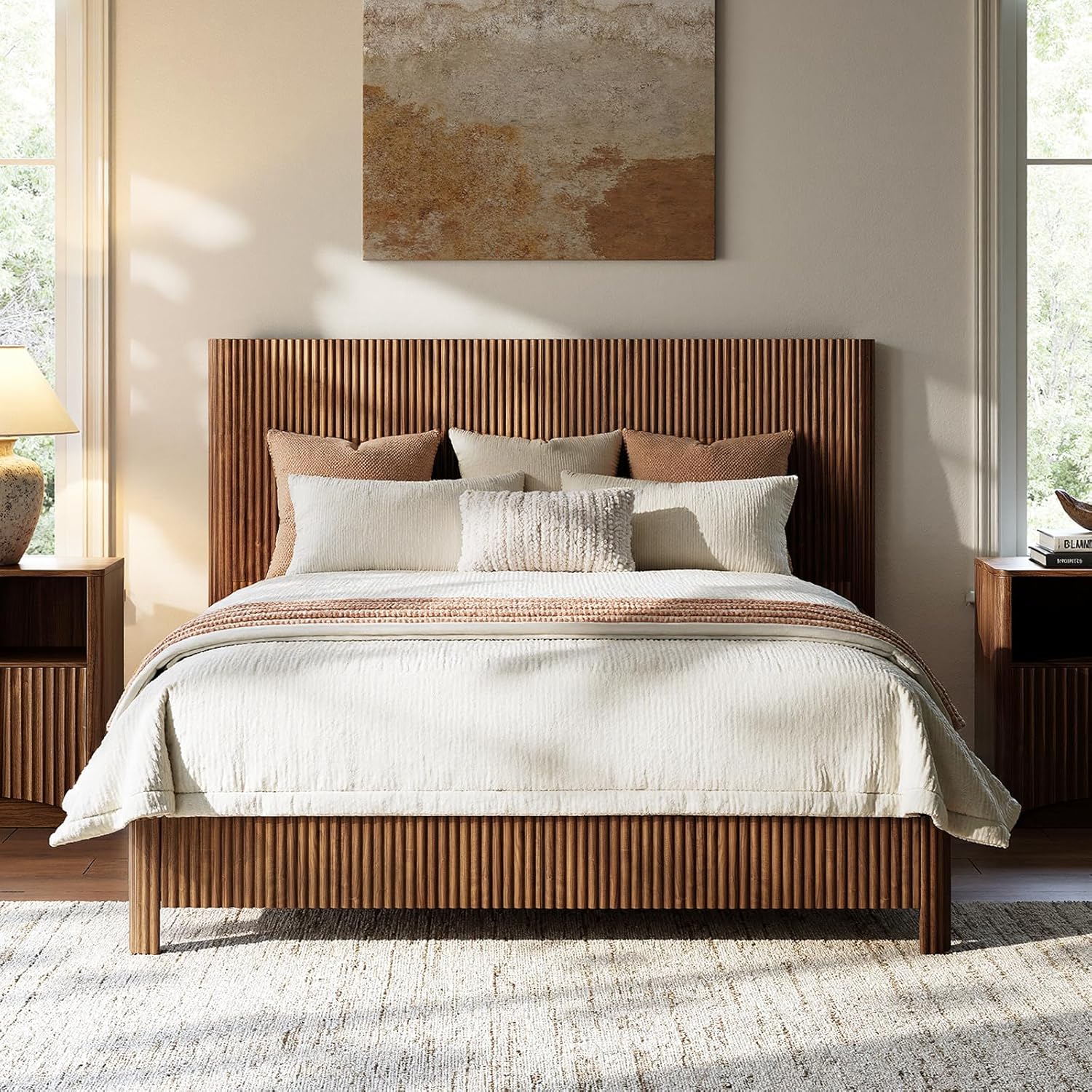 Evermagin Walnut Queen Bed Frame with Headboard, Mid Century Modern Fluted Platform Bed, Boho Wooden Bed Base No Box Spring Needed, Wavy Grooved Panel