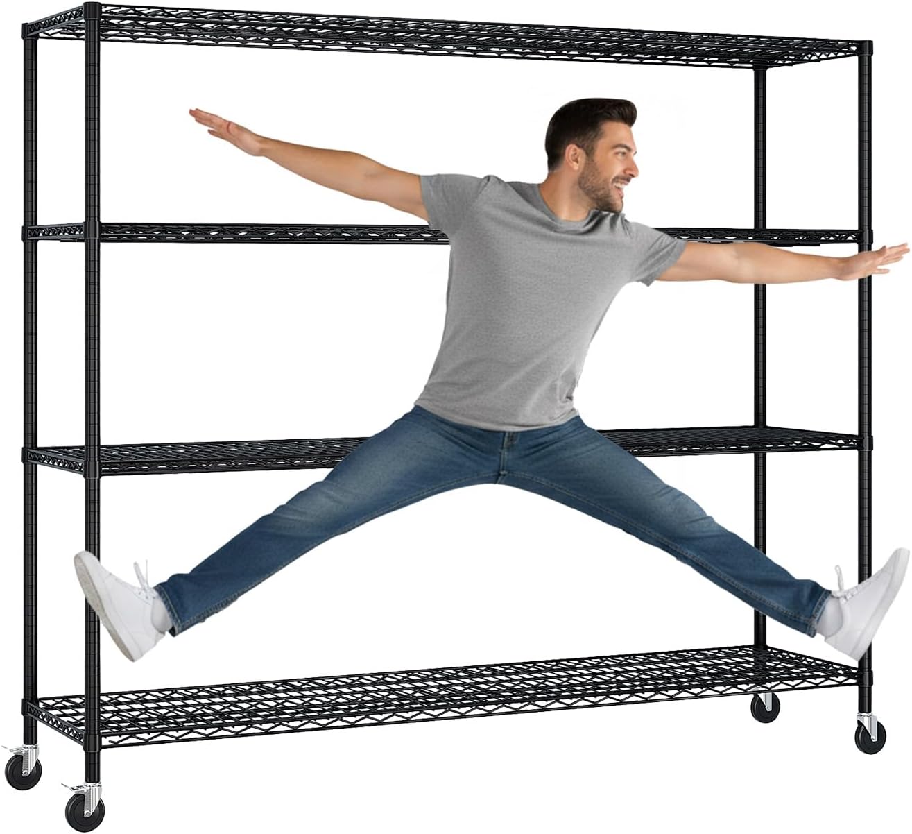 VINGLI 4 Tier Metal Storage Shelves 65''H Wire Shelving with Wheels for Storage Adjustable Heavy Duty Garage Shelving Storage Racks for Pantry Shelves Kitchen Office Garage, 65''H X63''W X23''D