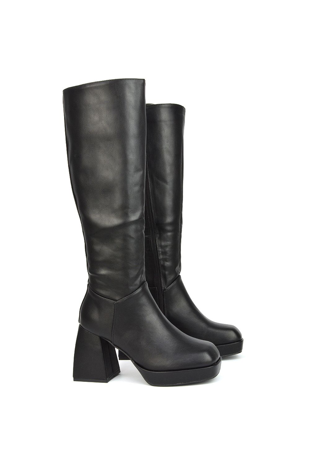 XY London Wren' Knee High Boots With Platform Chunky Flared Block Heel