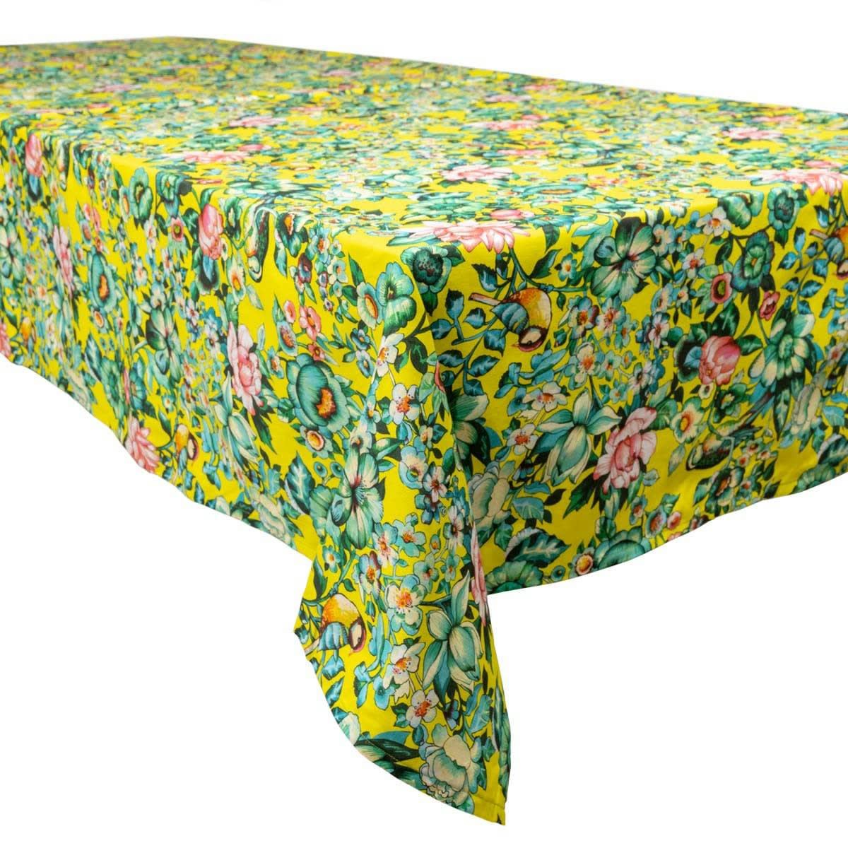 NILA - Nappe grand format en coton imprimé fleuri jaune 140x235