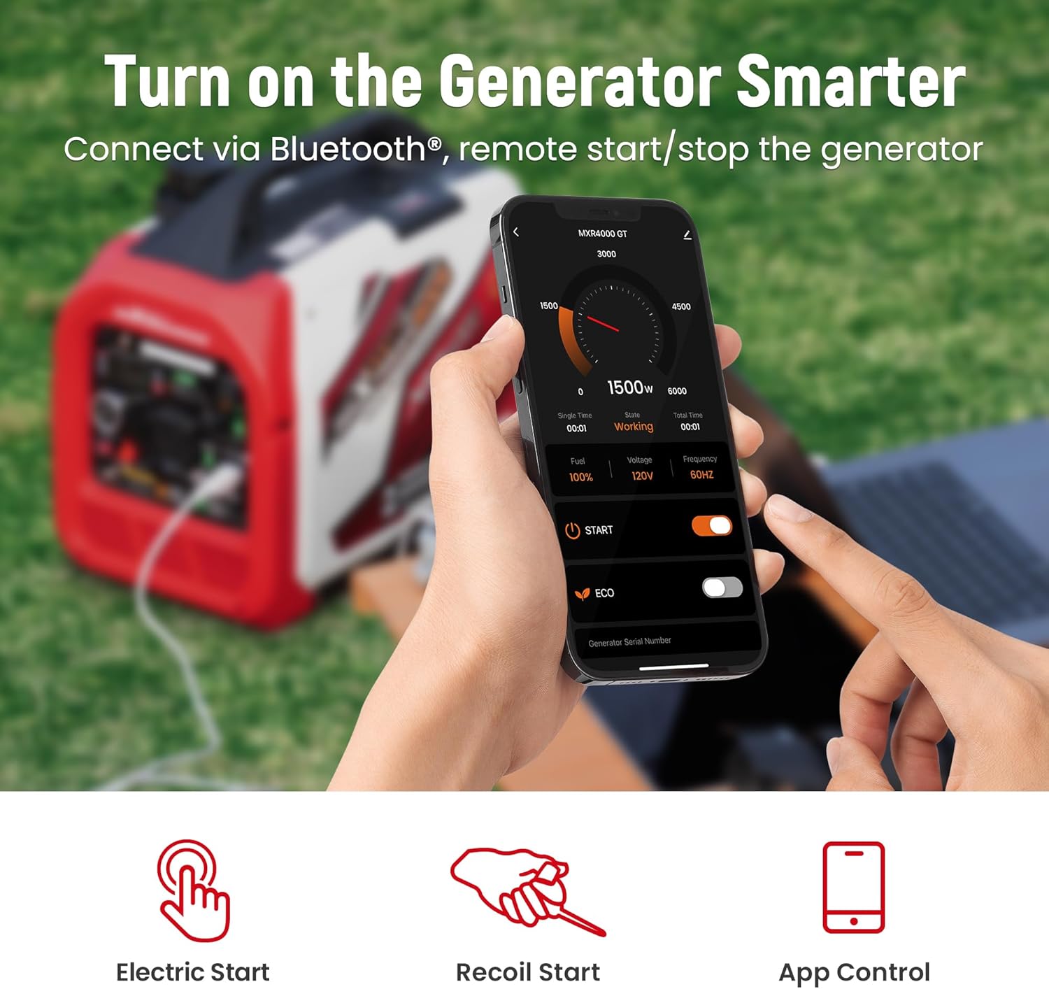 maXpeedingrods 4000 Watt Dual Fuel Inverter Generator with Bluetooth® Control Start and Display  RV Ready  Electric Start  Quiet for Outdoor Camping  Home Backup  Garden，PGMA Compliant