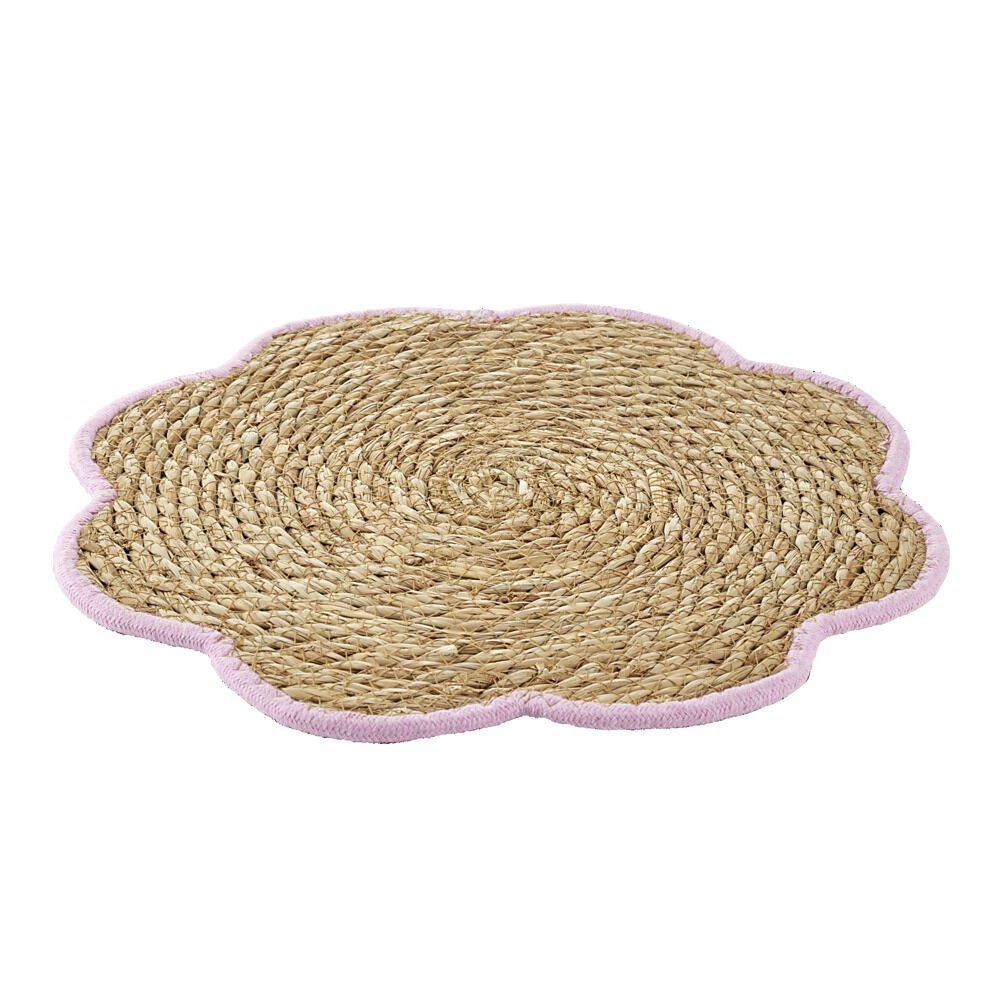 Set de table jonc de mer tressé et coton forme fleur contour rose Ø38cm