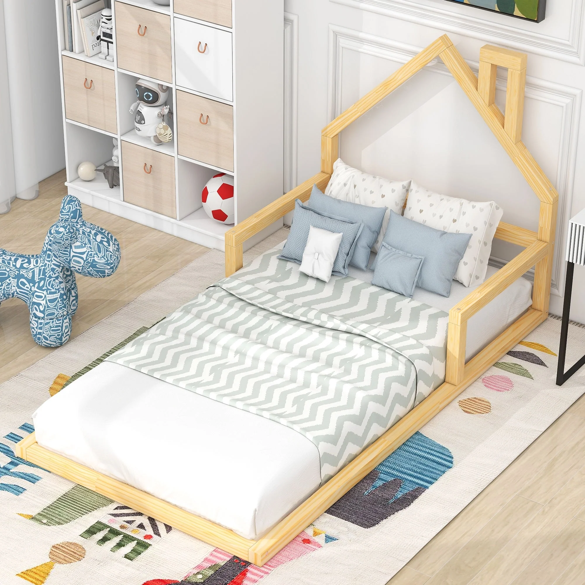 Full Size Wooden Floor Bed with House-Shaped Headboard, Sturdy Pine Frame