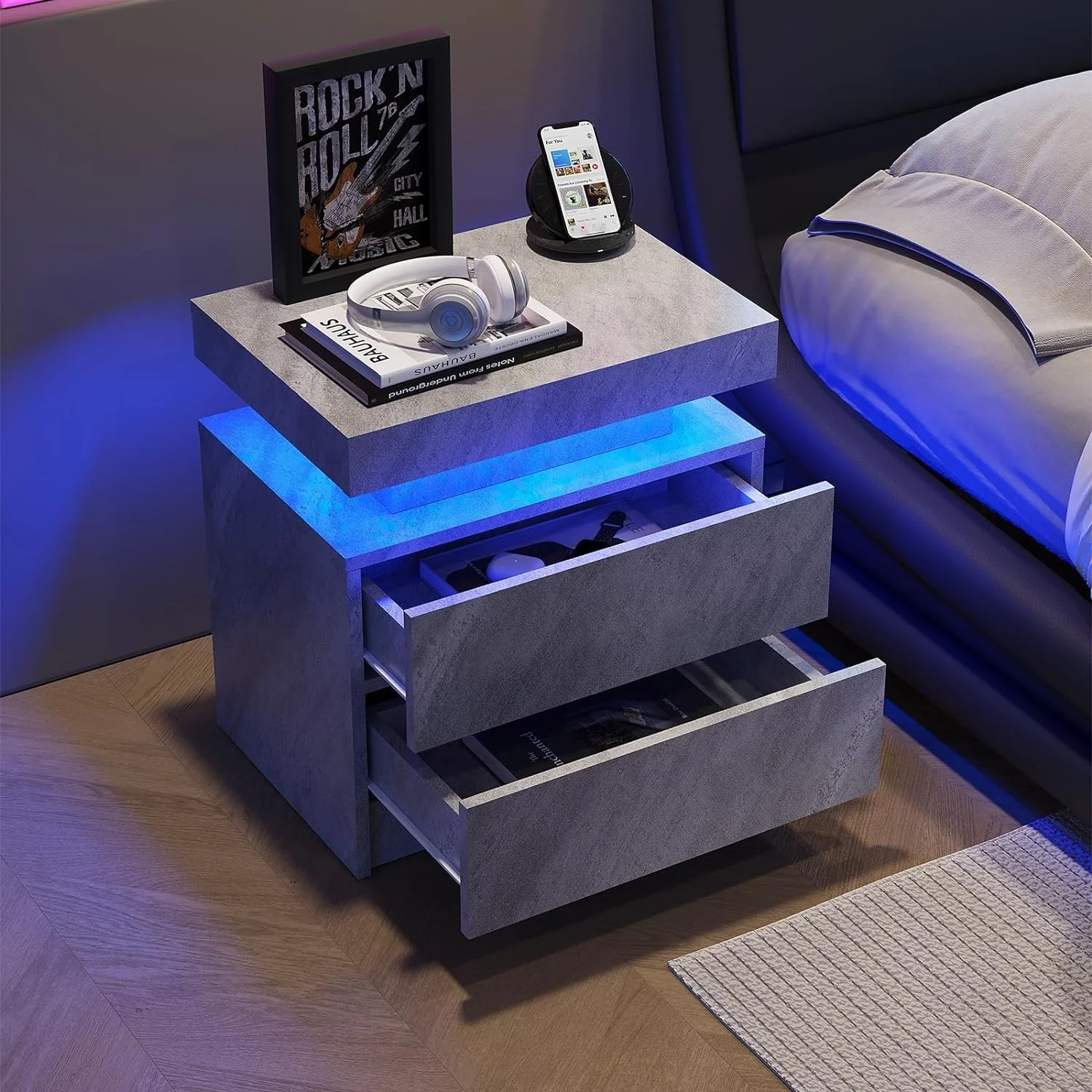 Nightstand LED Bedside Table Cabinet Lights Modern End Side with 2 Drawers for Bedroom