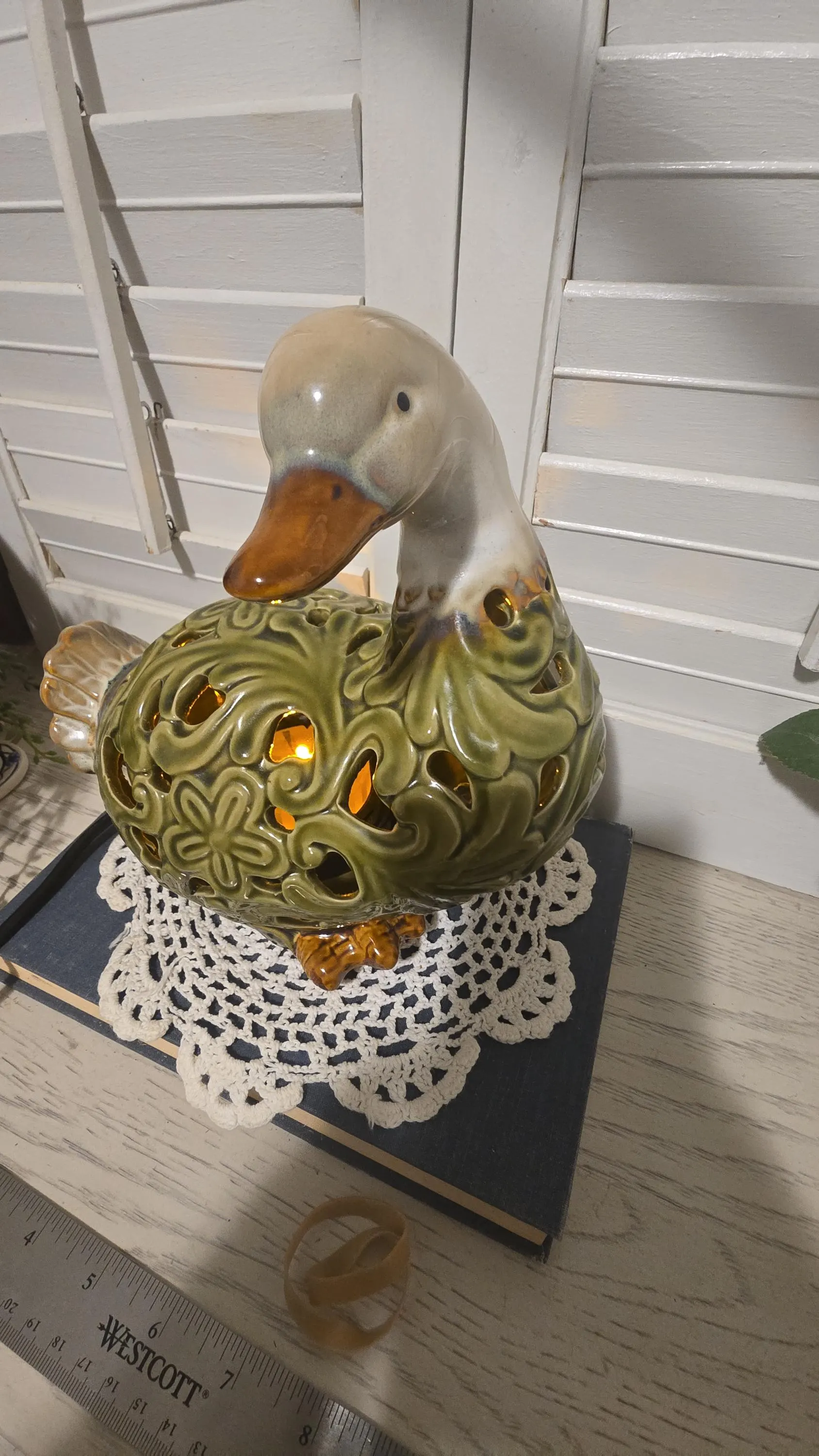 Sage Green Duck Decoy Reticulated Glazed Decor Lamp