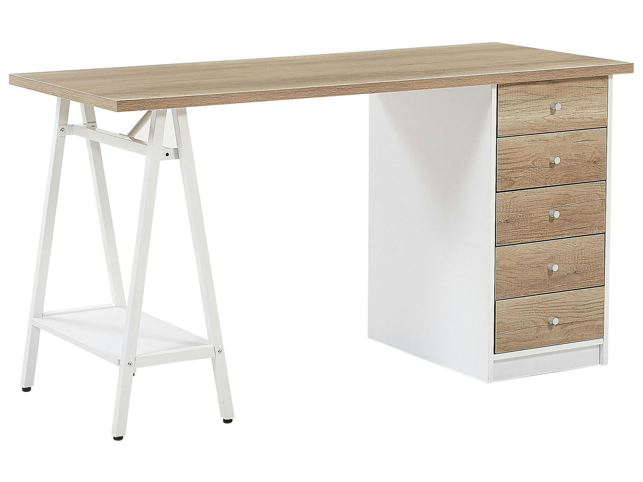 HEBER - Bureau effet bois clair et blanc avec 5 tiroirs