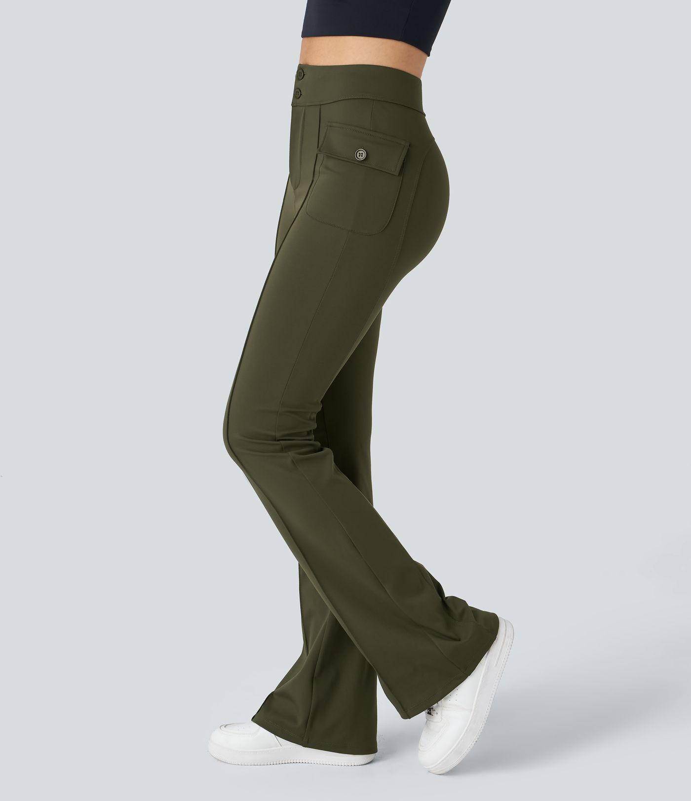 Pantalon cargo décontracté évasé taille haute avec poches à rabat latérales