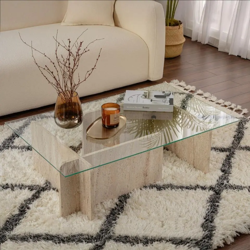 Salontafel Glas/Travertinlook - 105x65x30cm - Flavio