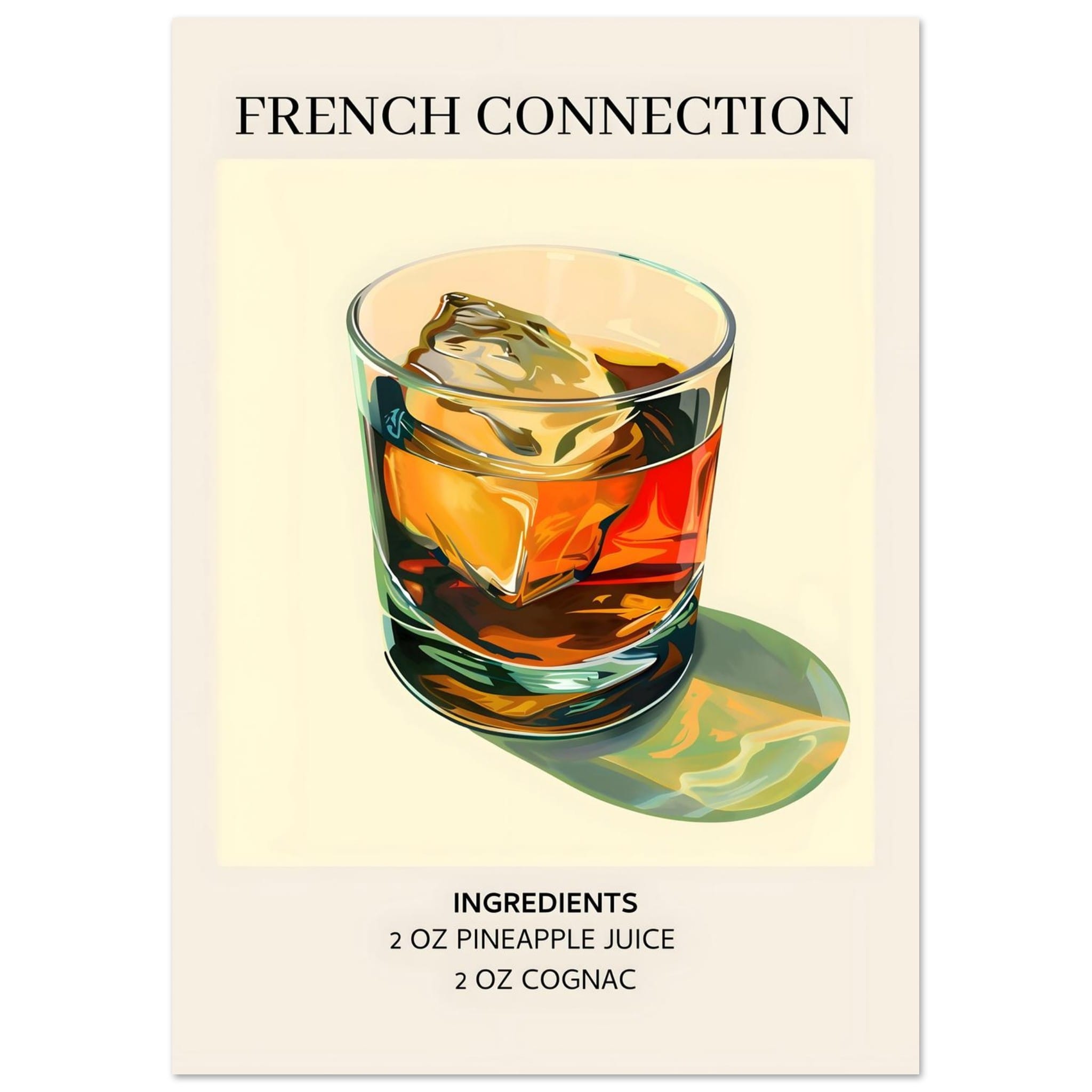 Artfulprints Poster French Connection cocktail - Ingrediënten  - A4 21x29.7 cm - Geel