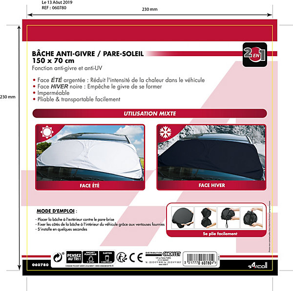 Bâche de protection pour voiture anti-givre et pare-soleil 150x70 cm