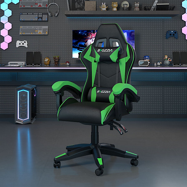 Chaise Gaming, Ergonomique Chaise de Gaming avec Coussin Lombaire   appuie-tête, PU Cuir Chaise Bureau réglable en Hauteur