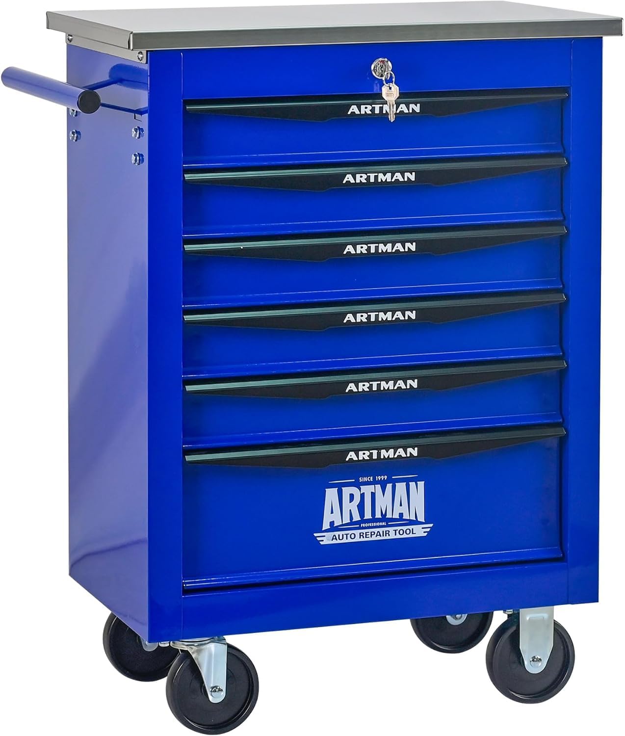 6-Drawer Rolling Tool Chest with Stainless Steel Countertop,Tool Chest with Secure Locking System,Mobile Storage Tool Cabinet with 360°Wheels and Padded Feet,for Home,Garage (Blue)
