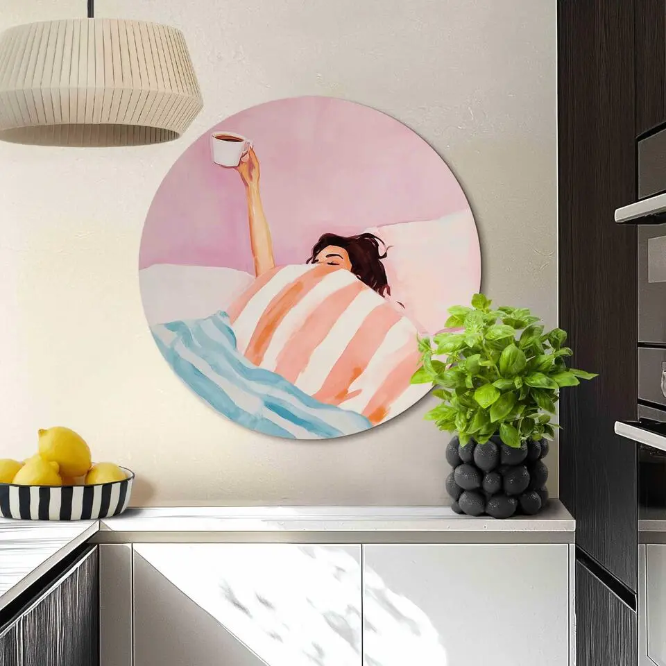 Glasschilderij Koffie in bed - &Oslash; 70 - Roze