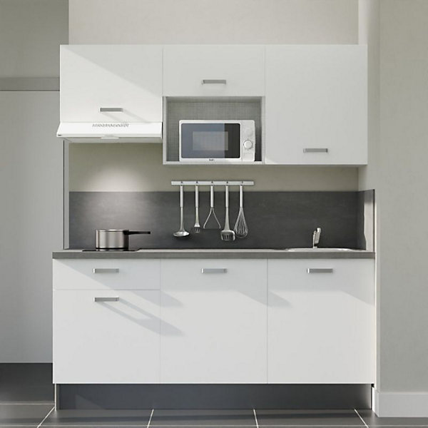 Kitchenette K30 - 180 cm - Façades : Blanc - Plan de travail : Gris - Crédences : Oui - Evier