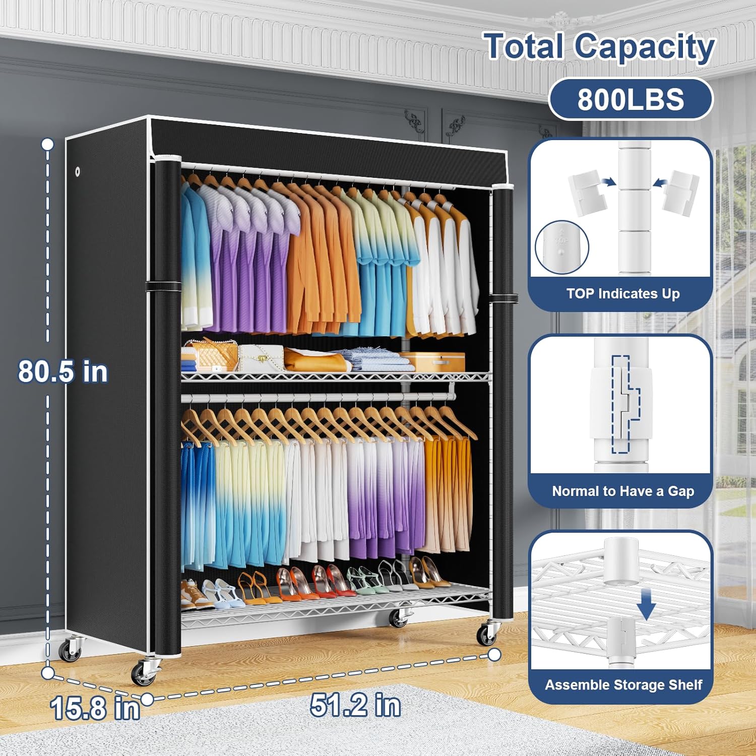 ULIFHOME P8C Max Heavy Duty Clothes Rack（With Extended Width Design） Rolling Clothing Racks for Hanging Clothes with Lockable Wheels，51.2W x 15.8D x 80.5H，Load 700LBS，White Rack with Black Cover