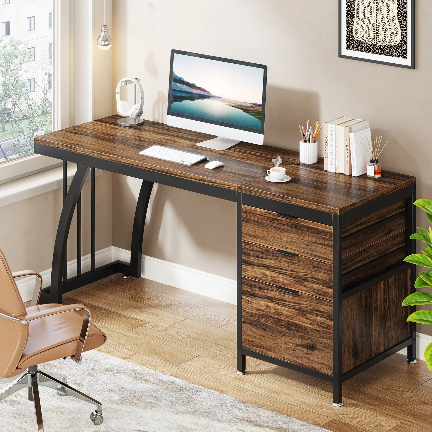 59-inch Wood/ Metal Computer Desk Writing Table with 3 Reversible Drawers
