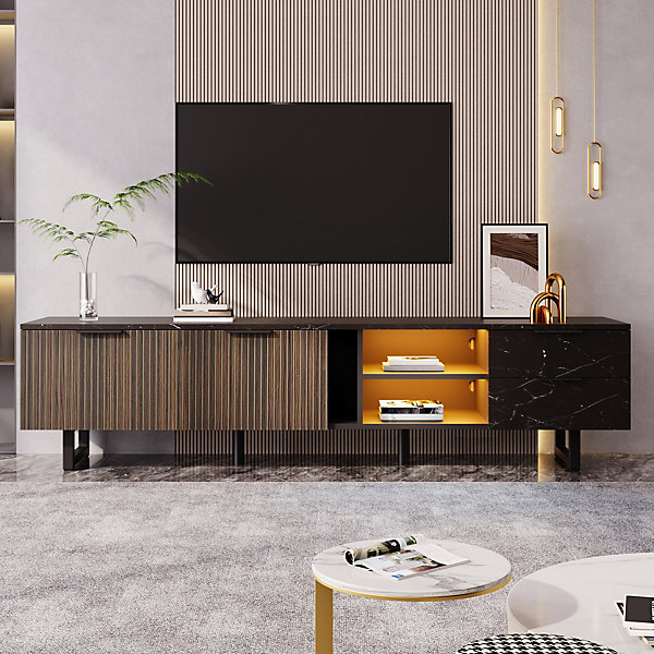 Meuble TV 200 cm, marbre noir, portes en bois, LED ajustable, 2 portes, 2 tiroirs, compatible robot aspirateur.