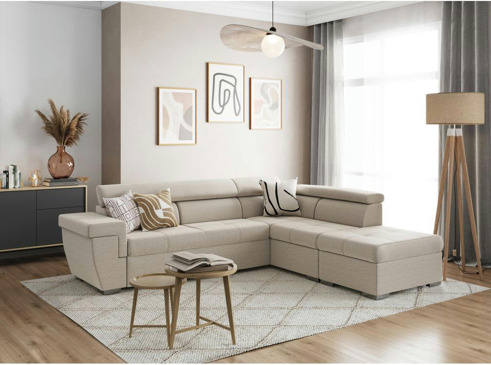 INAYA - Canapé d'angle droit 5 places convertible en tissu - Beige
