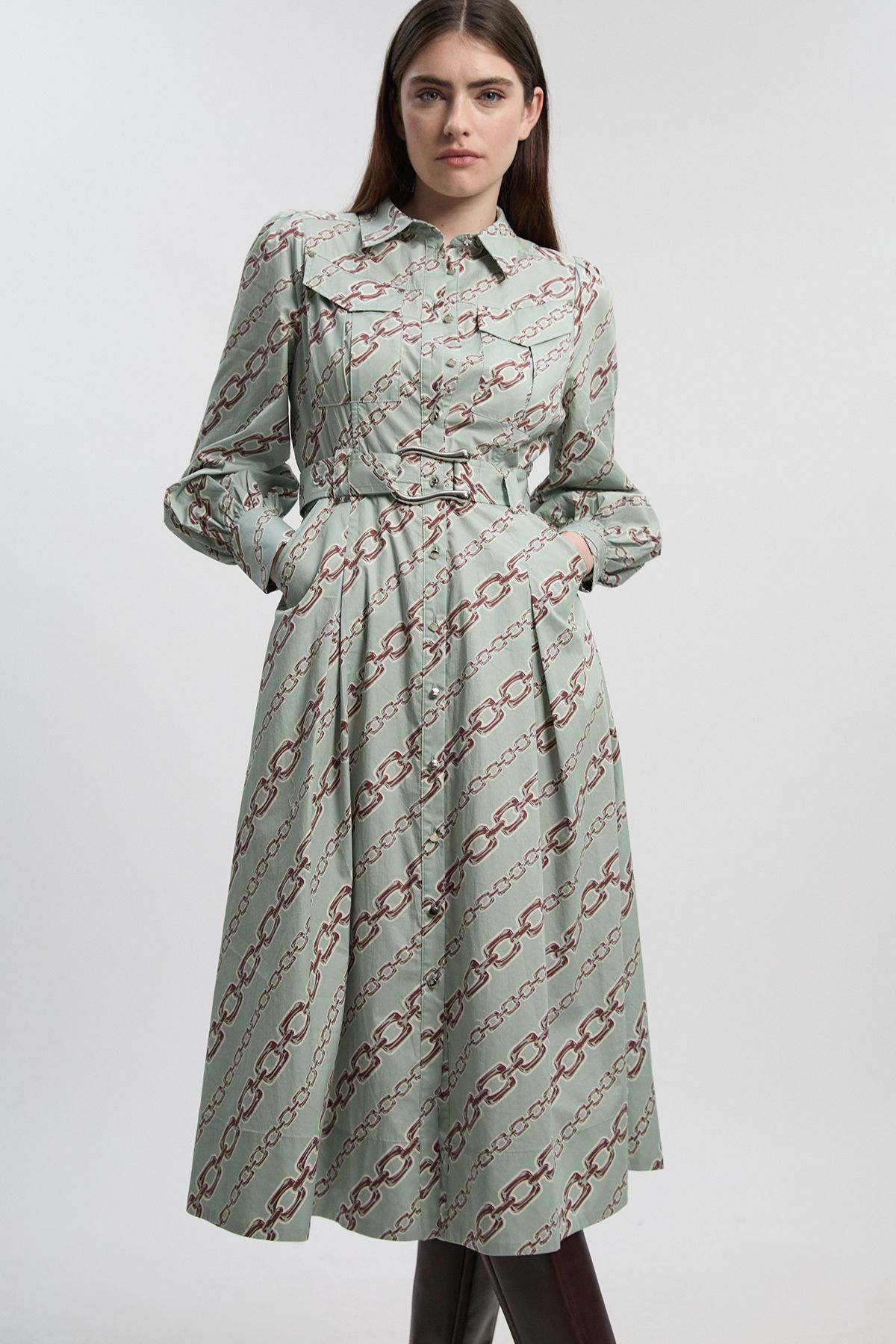 KarenMillen Petite Chain Print Cotton Sateen Belt Detail Woven Shirt Dress