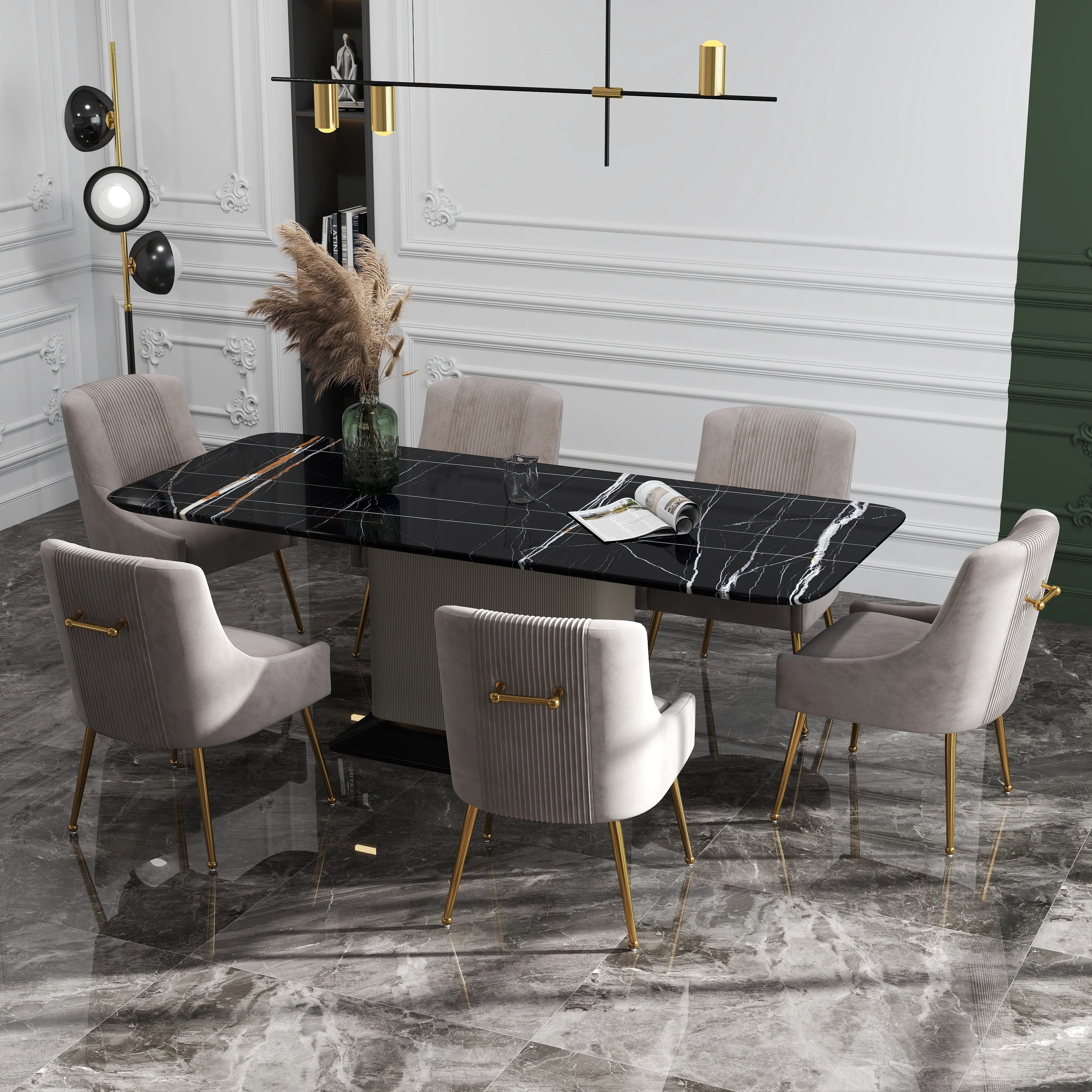 SEYNAR Modern Glam Boucle Pleated Velvet Dining Chair or Vanity Chair Set of 6 with Rear Handle