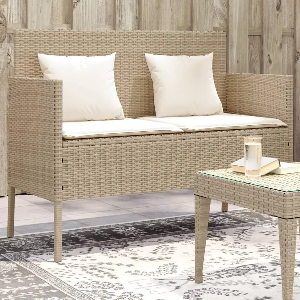 vidaXL - Tuinbank met cr&egrave;me kussens - Beige poly rattan - 113x61x87 cm