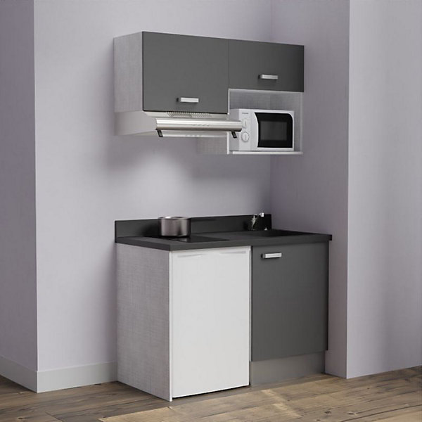 Kitchenette K02 - 120 cm - façades Gris - Plan monobloc en quartz coloris Nero évier à droite