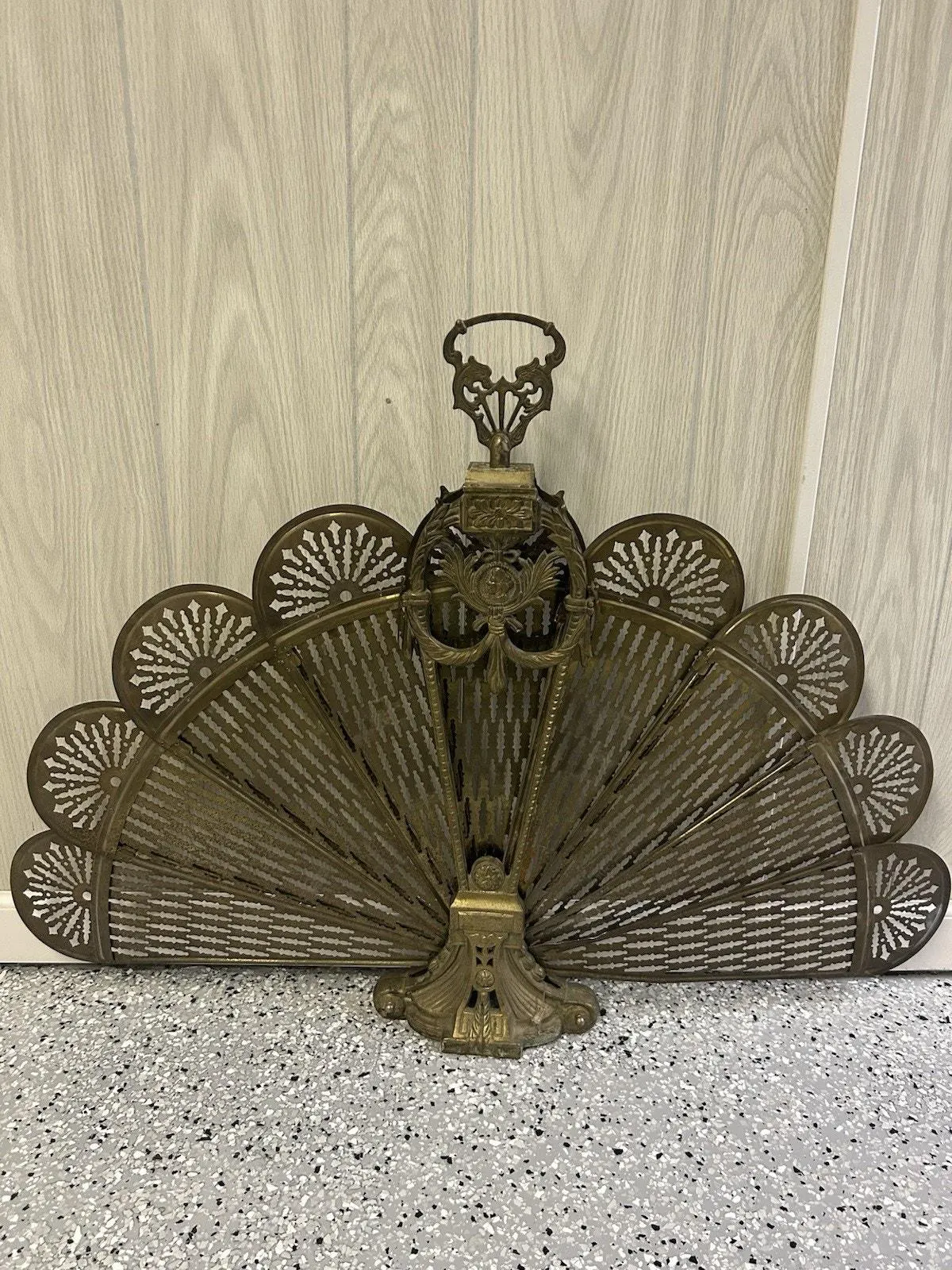 Vintage Brass Peacock Fireplace Screen Folding Fan Filigree Fire Place Guard