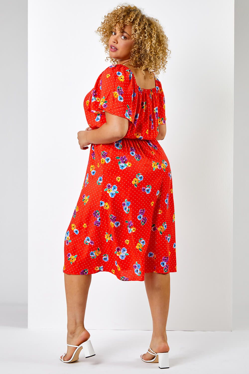 Roman Curve Spot Floral Print Sweetheart Midi Dress
