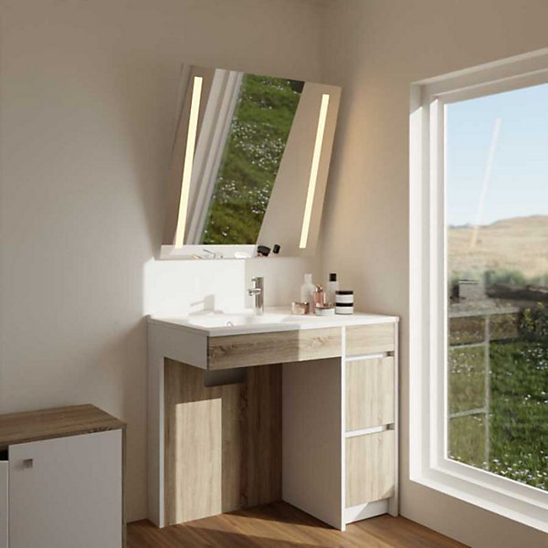 Meuble salle de bain PMR ANDY PLUS 90 cm bois et blanc   miroir Motory