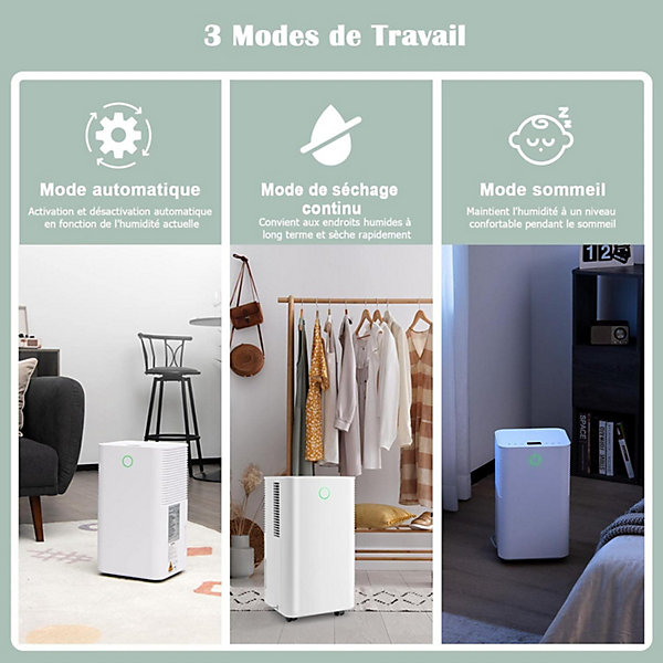 Déshumidificateur électrique 15L/Jour, 3 Modes, Minuterie 24H, 2 Vitesses du Vent, Réservoir d'Eau 2L, Blanc