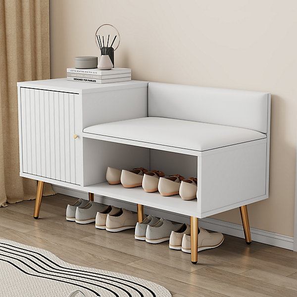 Meuble à Chaussures Moderne avec Banc et Rangement, Assise Rembourrée et Dossier, Poignées Métal - Blanc - 100x38x58 cm