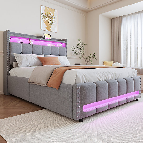 Lit coffre 140x200 cm - Lit double en lin gris clair avec LED intégrée, ports USB et rangement hydraulique - Sans matelas