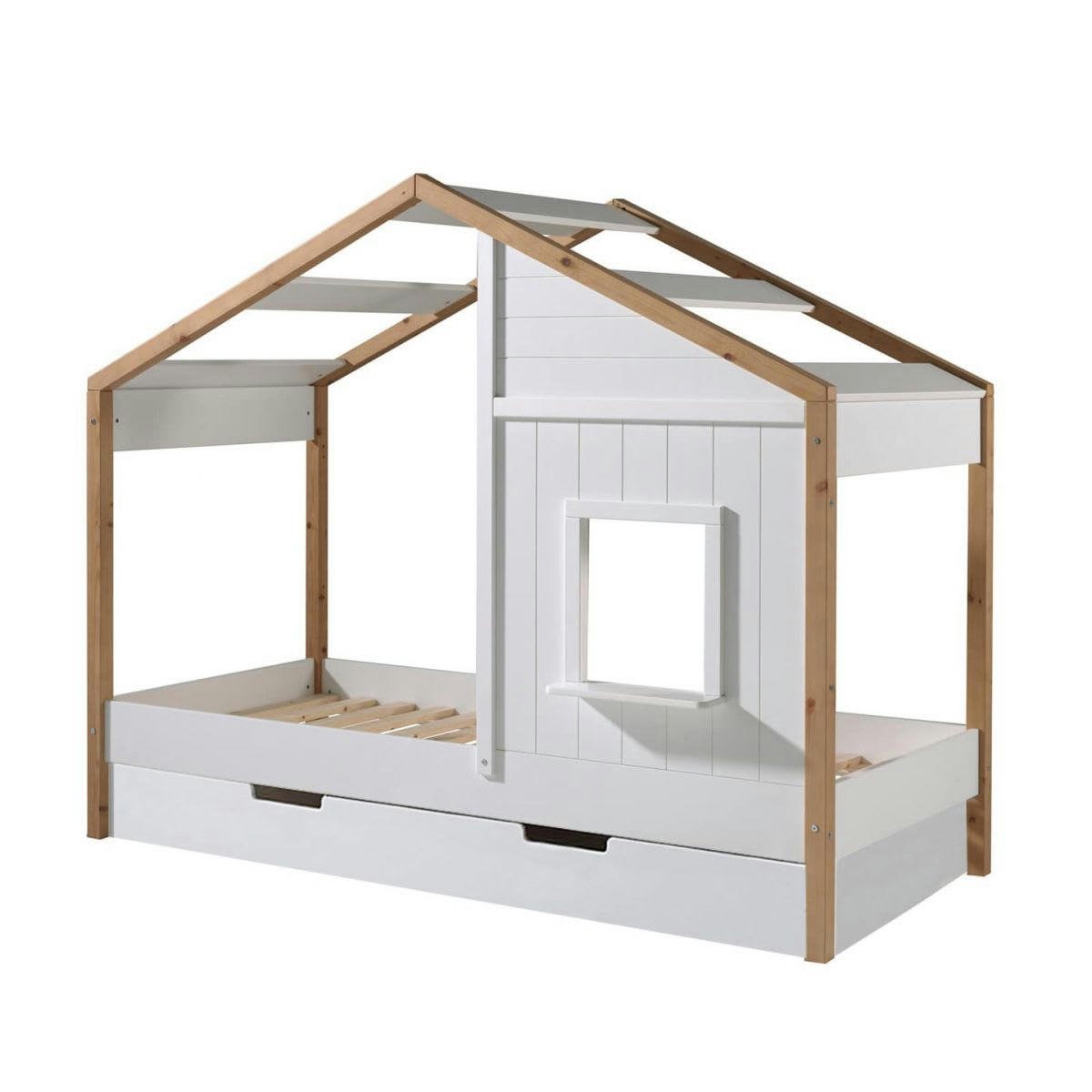 PONGO - Lit  maison 90x200cm blanc et pin avec fenêtre + tiroir