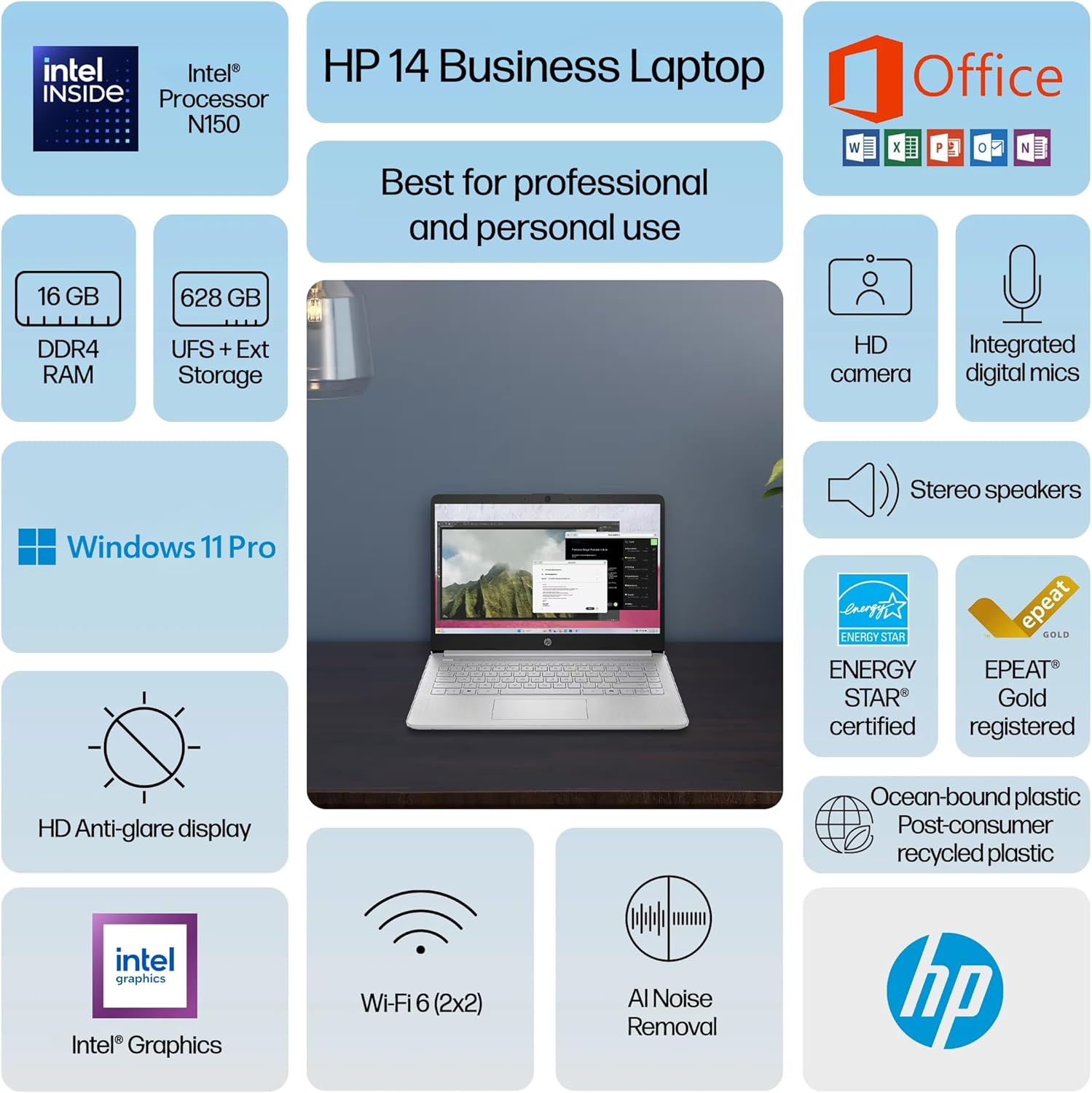 HP 14 Laptop 2025 Business Student Slim Computer  Lifetime MS Office  Copilot AI  Quad-Core Intel CPU  16GB RAM  628GB Storage (128GB UFS+500GB Ext)  MarxsolAccessory  Wi-Fi 6  Win 11 Pro  Silver