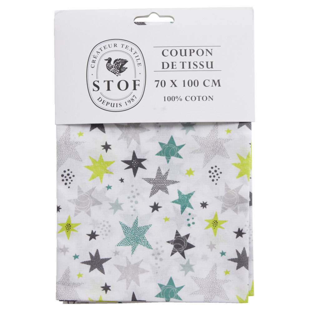 Coupon tissu imprimé Adara 70x100cm coton blanc et vert
