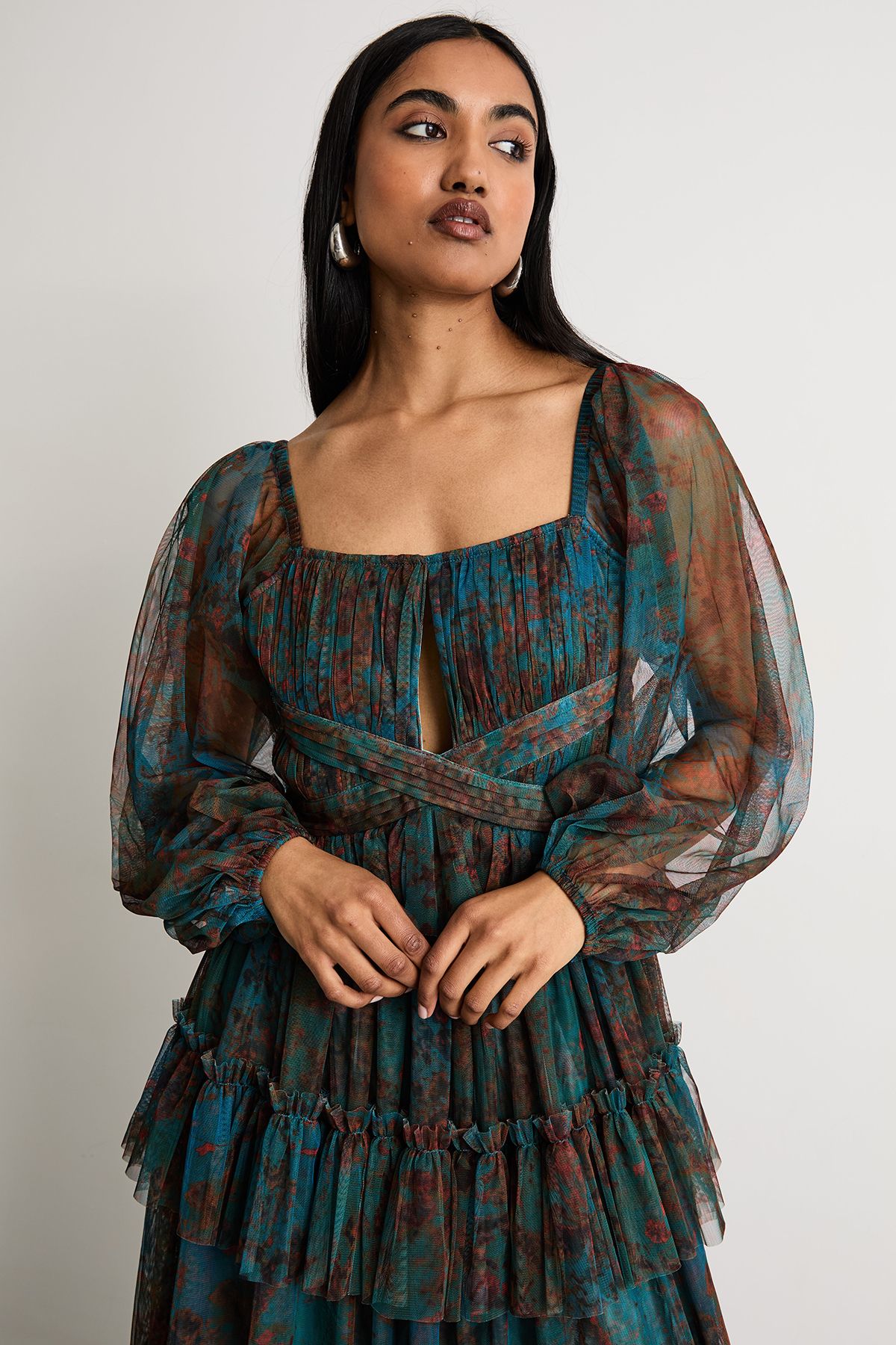 Warehouse Abstract Print Cut Out Gathered Tulle Maxi Dress With Tiers
