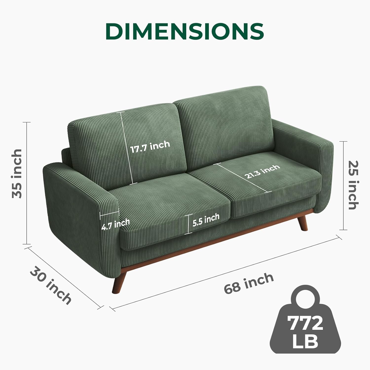 Vesgantti 68 Loveseat Sofa - Green, Comfy Corduroy with Spring Cushion, Solid Wood Frame, Modern Deep Seat, Bedroom & Living Room, Office Couch