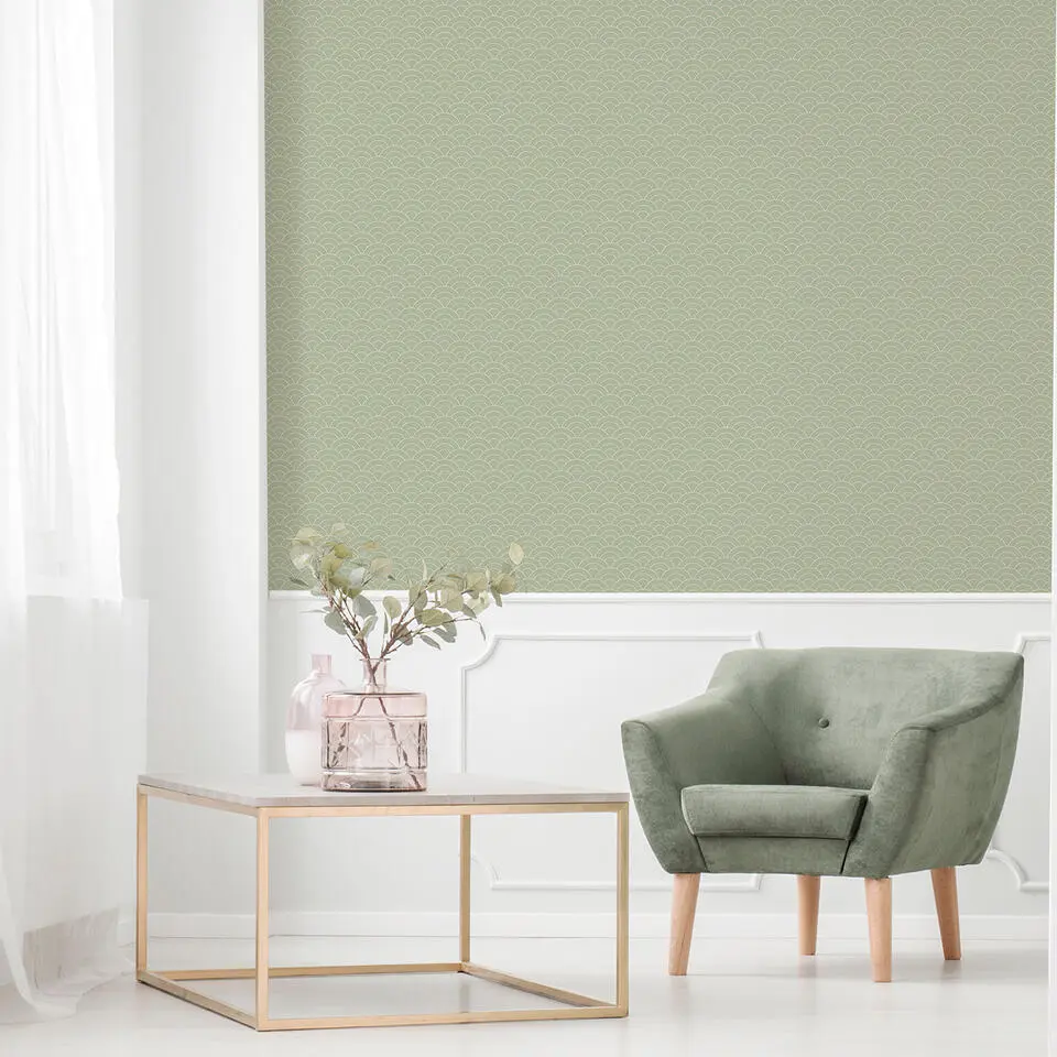 Sanders & Sanders behang art deco bogen vergrijsd groen - 53 cm x 10 m