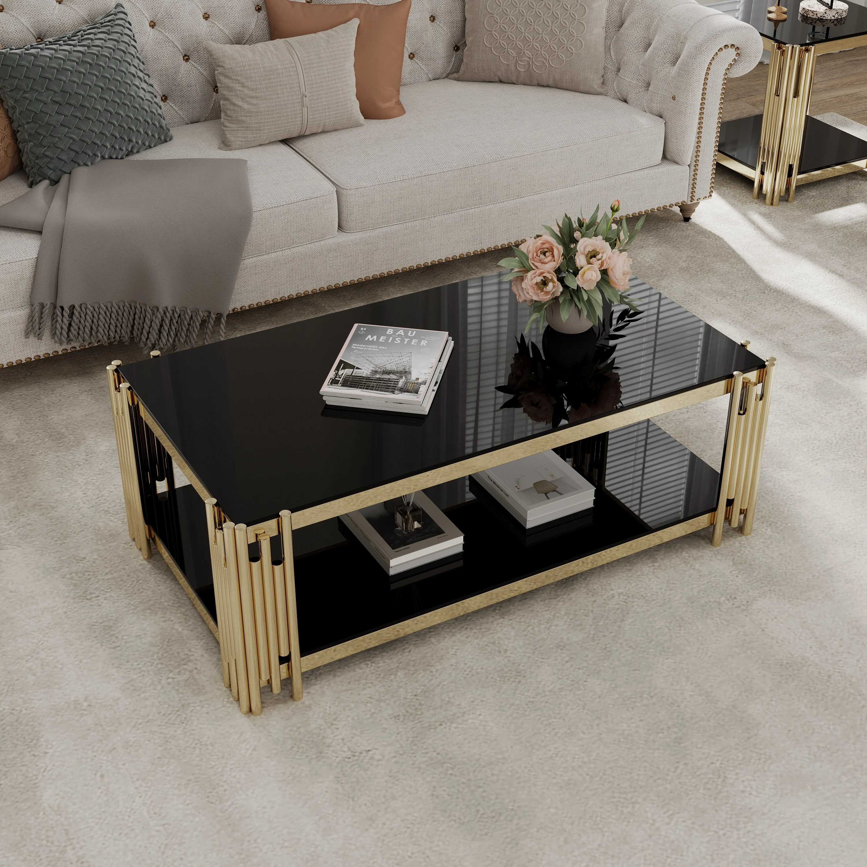 48 Wide Rectangular Coffee Table with Tempered Glass Top, Golden Stainless Steel Double-Layer Coffee Table