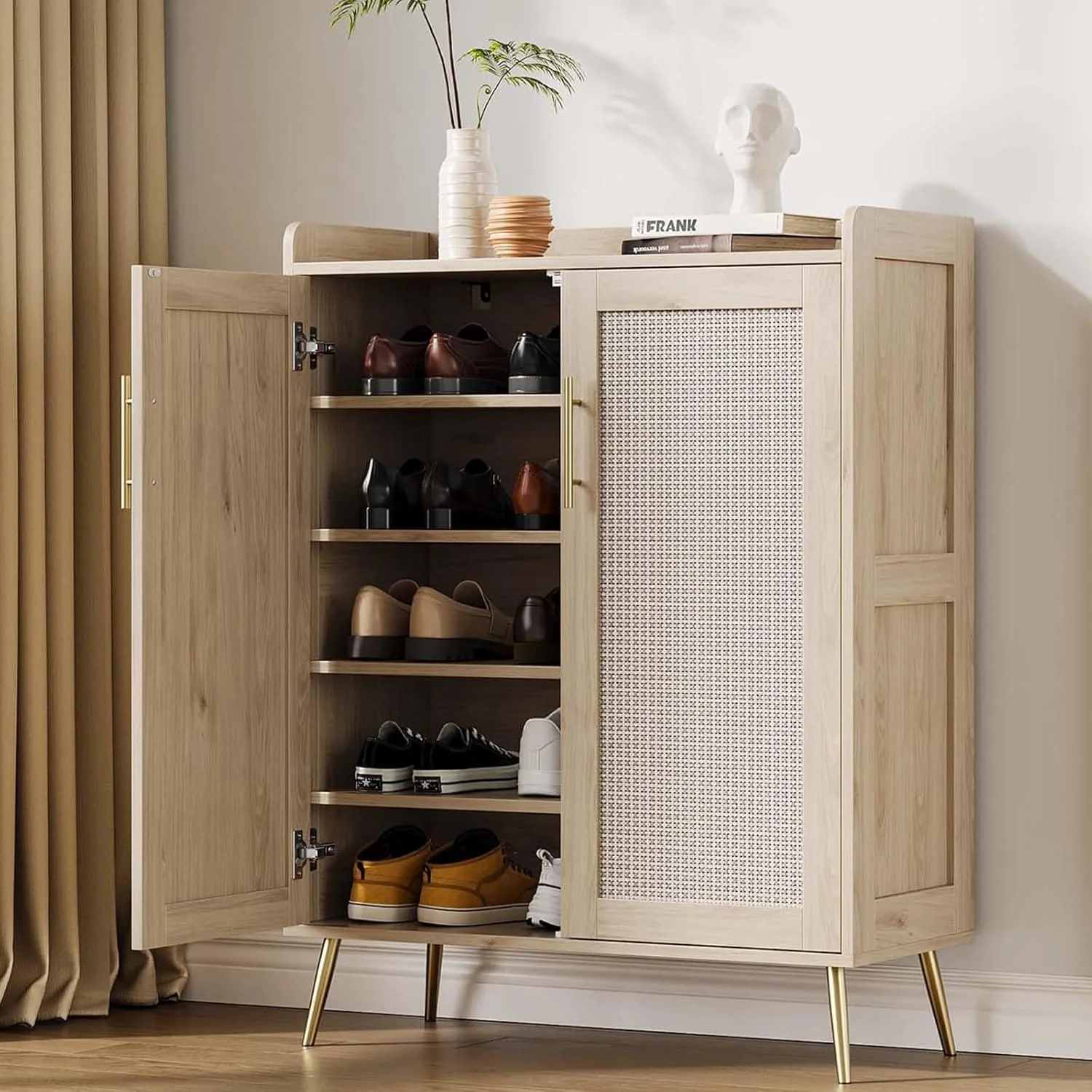 Rattan Shoe Storage Cabinet with Adjustable Shelves
