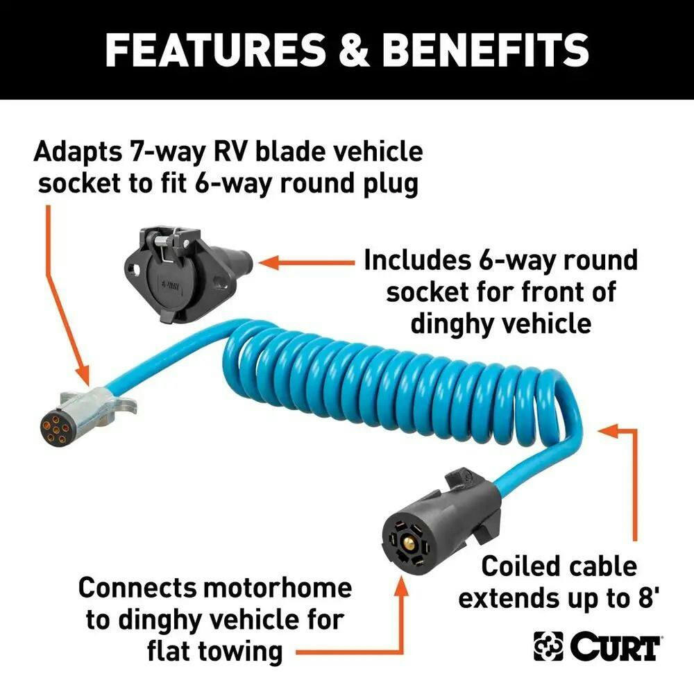 CURT 8-ft Dinghy Towing Adapter and Socket 7-Way Blade to 6-Way Round