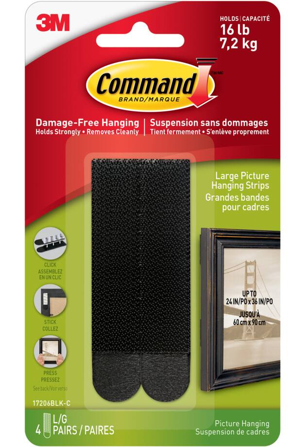 Command Large Adhesive Picture Hanging Strips, Black, 16-lbs, 4 Strips per Pack