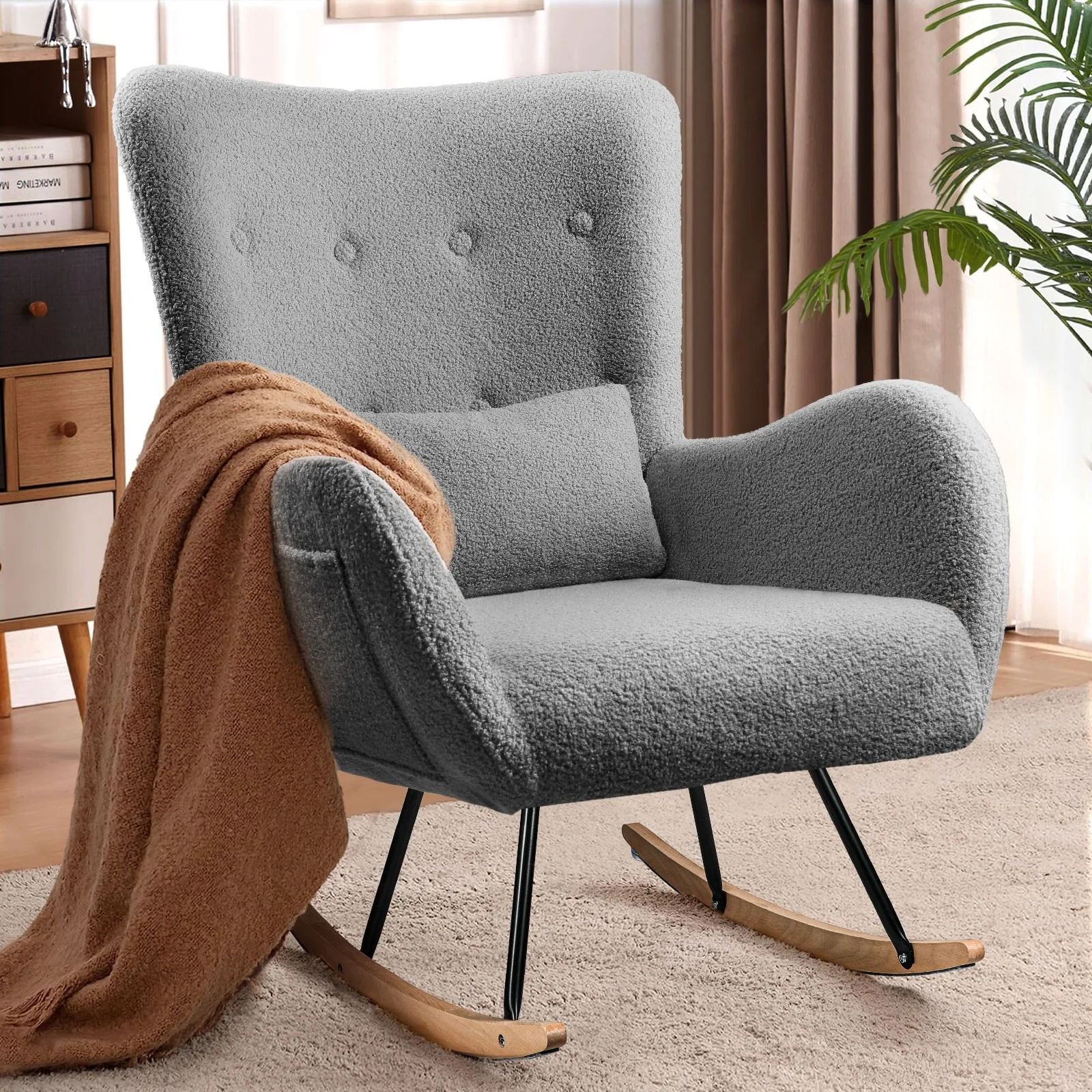 BOSSIN Teddy Fabric Nursery Rocking Chair with Side Pocket, High Backrest Accent Chair with Padded Seat and Headrest